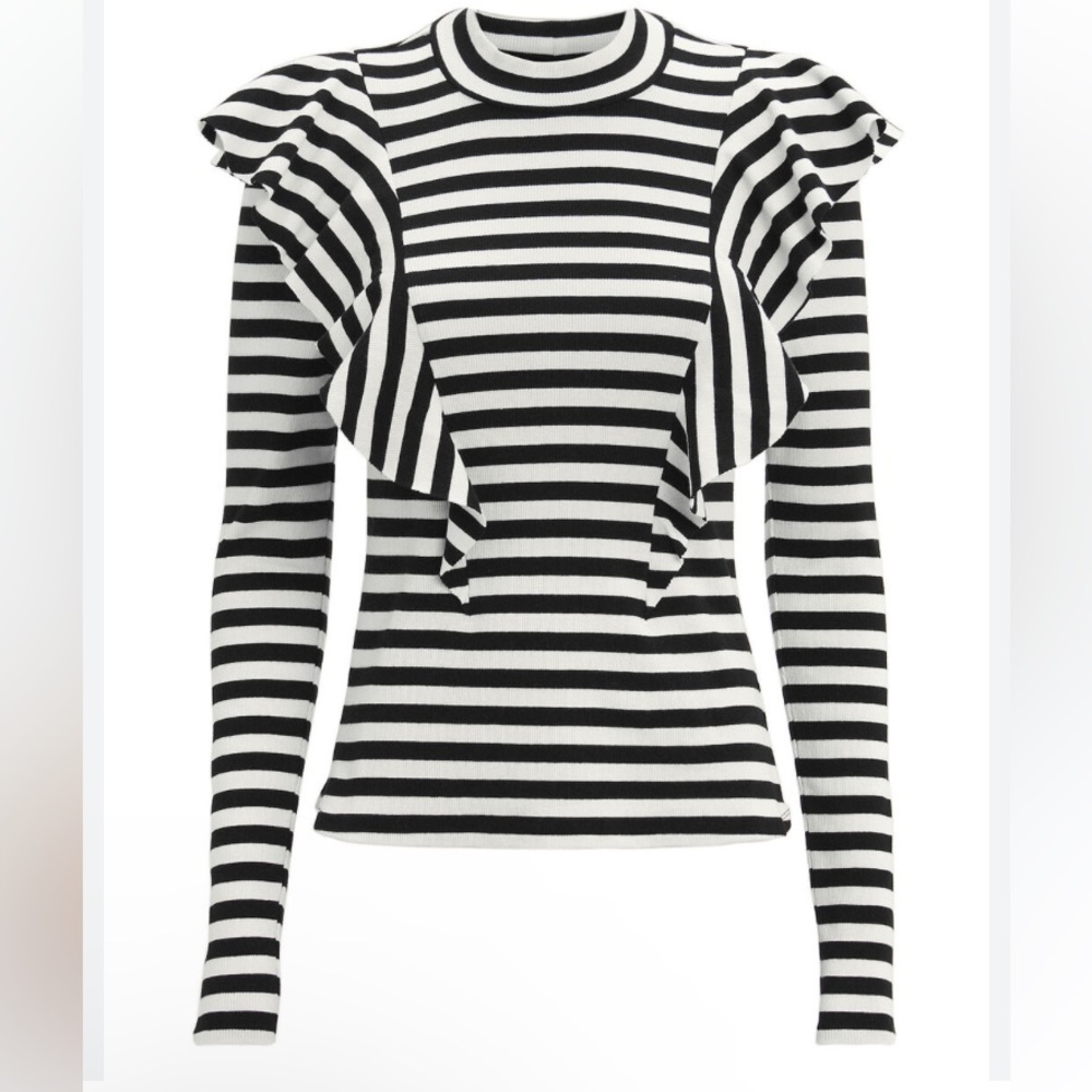 Veronica Beard Dawson Tee in Black and White Striped Cotton W/ Ruffle Trim SZ XL